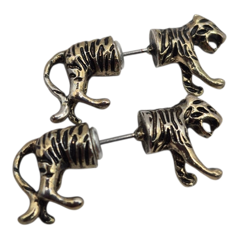 Tiger Earrings Stud Fake Gauge Brass Steel